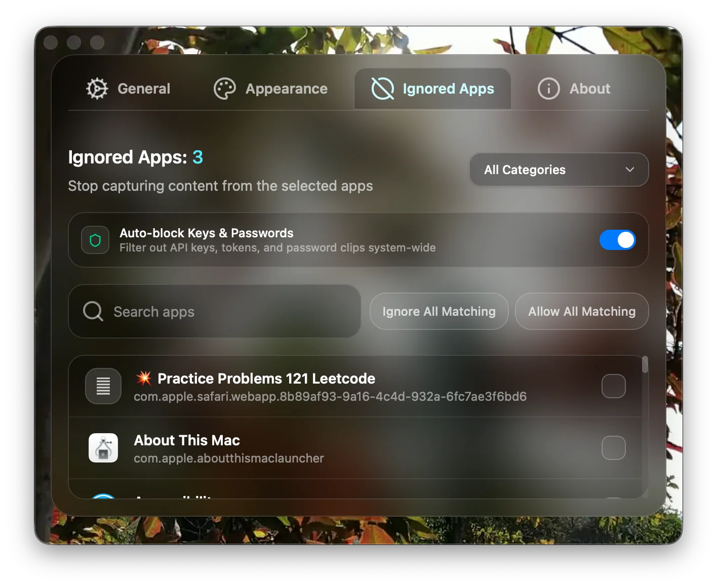 Clibo per-app exclusion rules settings — excluding password managers and secure apps from clipboard history capture