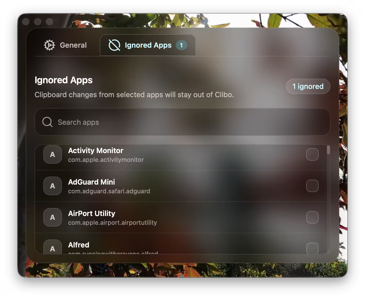 Clibo Ignore Apps Settings