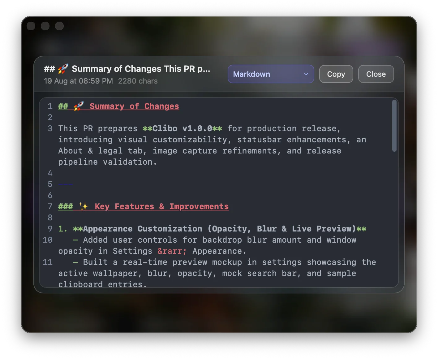 Clibo syntax-highlighted code and Markdown snippet preview modal